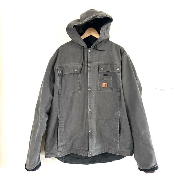 Carhartt J284 Canvas Sherpa Lined Hooded Jacket Size Large Tall Gray Snap Button
